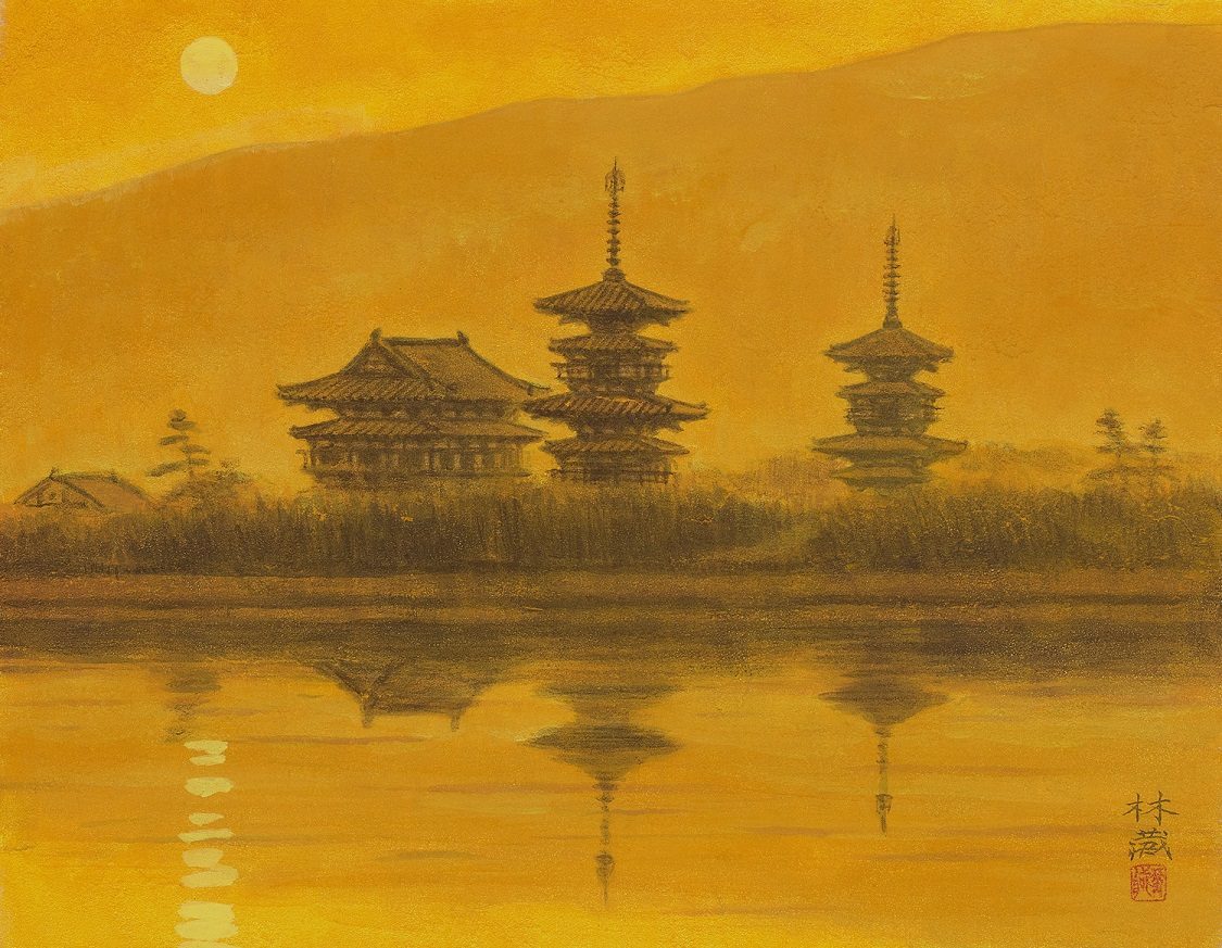 逆輸入 MURATA Rinzo 真作 林藏 村田 白き 8号変扇面 薬師寺夕照 絵画